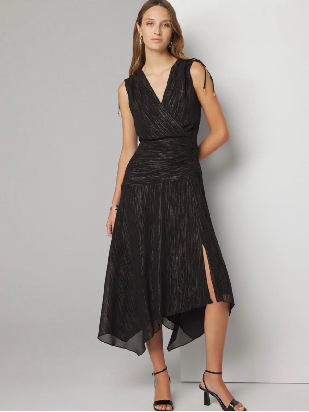 White House Black Market Black Metallic Asymmetrical Midi Dress